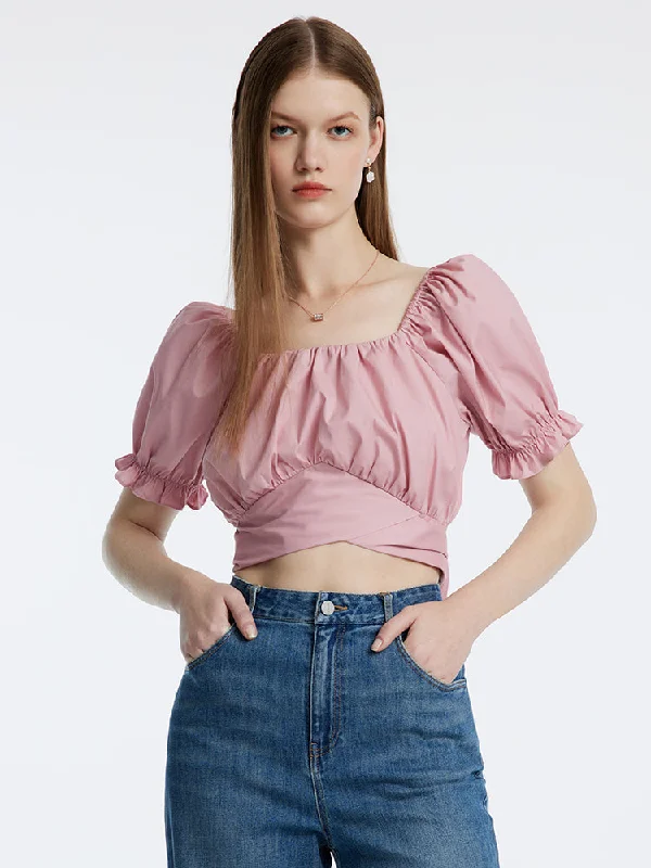 Pink Bowknot Pleated Princess Sleeve Women Blouse