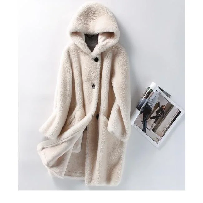 Korean Style Female Sheep Shearing Fur Hooded Winter Trench Coats & Jackets