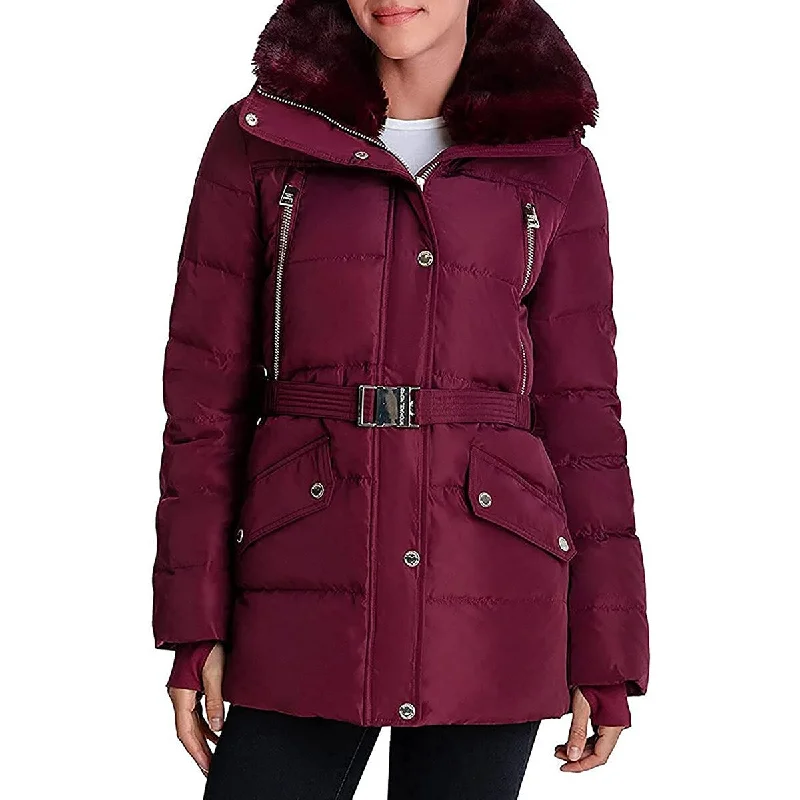 Michael Kors Dark Ruby Women's Belted Down Quilted Jacket Coat