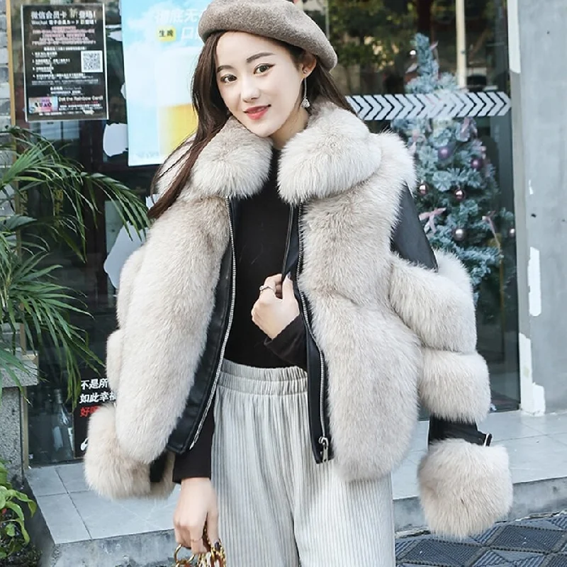 Winter Thick Warm Real Fox Fur Casual Women's Overcoat with Zipper