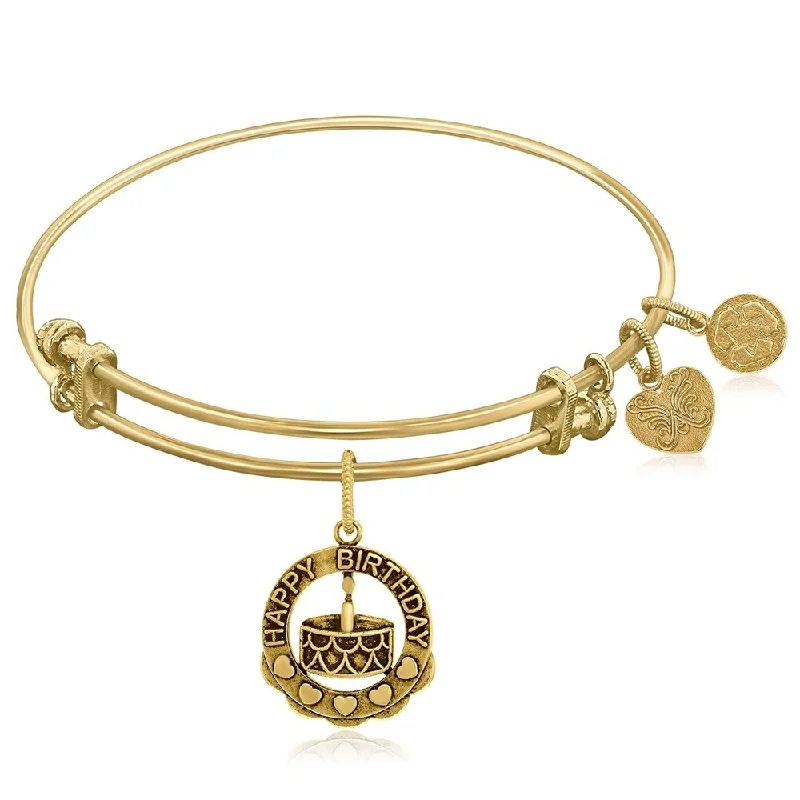 Expandable Yellow Tone Brass Bangle with Happy Birthday Symbol